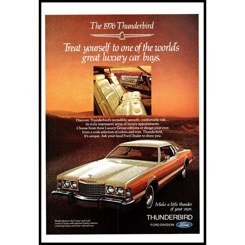 1976 Ford Thunderbird Luxury Car Coupe Vintage Print Ad Make Thunder Wall Art